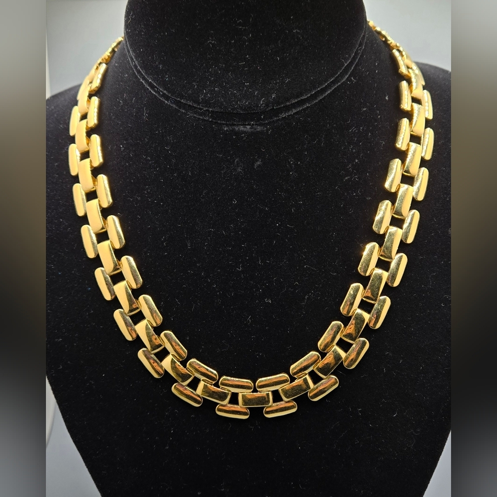 Gold Tone Necklace Book Link Chain Construction 17" Long Fold Over Clasp